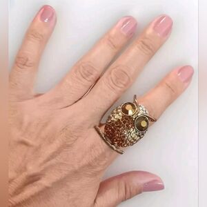 Vintage Amber Touramine and metal adjustable Costume faux bijoux Owl Ring